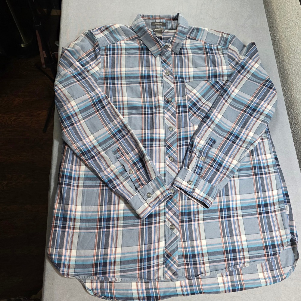 Eddie Bauer Womens Classic Fit‎ Soft Plaid Button Down Shirt Blue Grey Large
